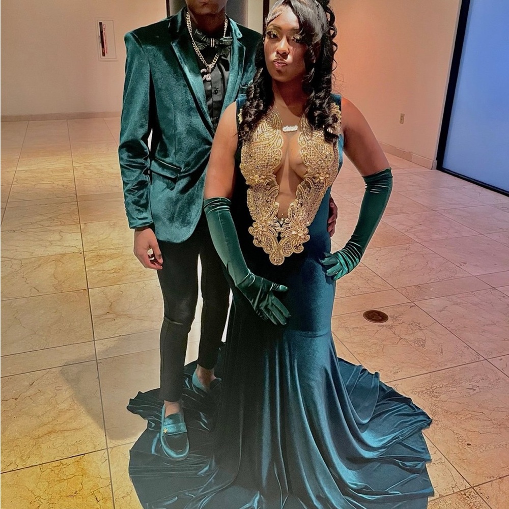 Elegant Green and Gold Evening Gown